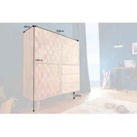 Highboard en bois massif d’acacia MYSTIC salon – 140 cm, finition naturelle avec 3D surface artisanale