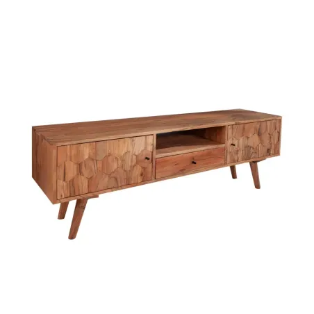 Meuble TV en bois massif d’acacia MYSTIC salon – 140 cm, finition naturelle avec surface 3D artisanale