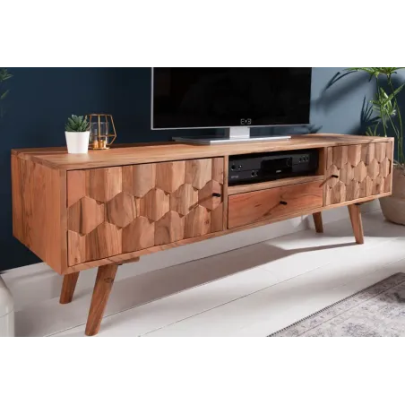 Meuble TV en bois massif d’acacia MYSTIC salon – 140 cm, finition naturelle avec surface 3D artisanale