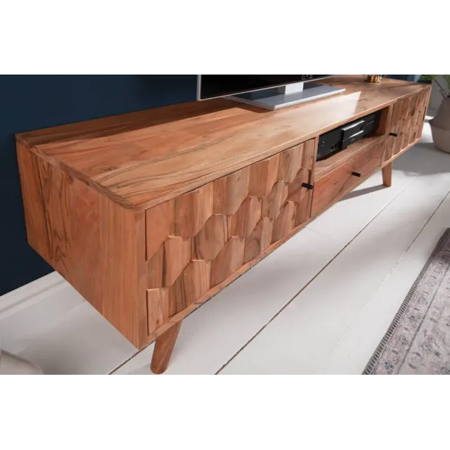 Meuble TV en bois massif d’acacia MYSTIC salon – 140 cm, finition naturelle avec surface 3D artisanale Meuble TV en bois massif d’acacia MYSTIC salon – 140 cm, finition naturelle avec surface 3D artisanale