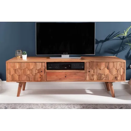 Meuble TV en bois massif d’acacia MYSTIC salon – 140 cm, finition naturelle avec surface 3D artisanale