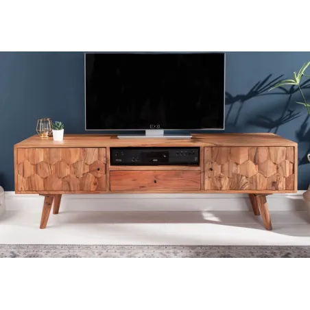 Meuble TV en bois massif d’acacia MYSTIC salon – 140 cm, finition naturelle avec surface 3D artisanale