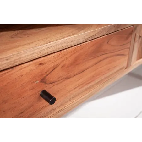 Meuble TV en bois massif d’acacia MYSTIC salon – 140 cm, finition naturelle avec surface 3D artisanale