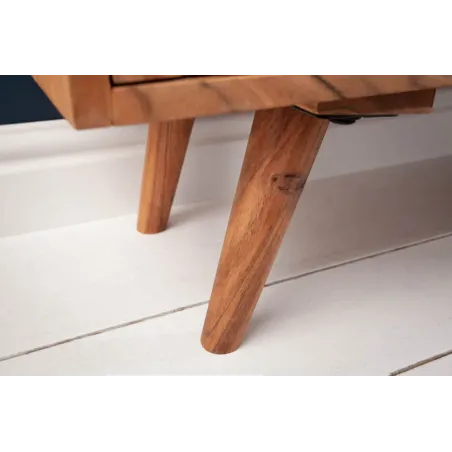 Meuble TV en bois massif d’acacia MYSTIC salon – 140 cm, finition naturelle avec surface 3D artisanale