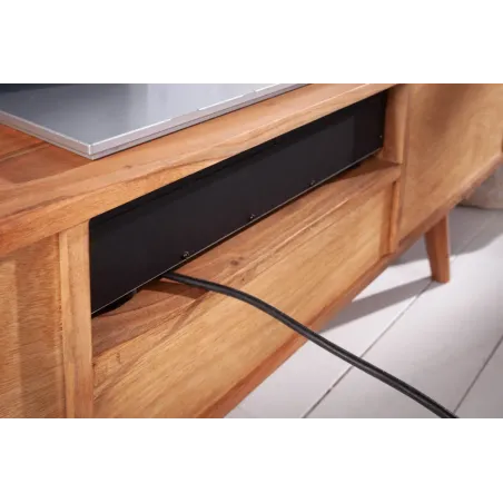 Meuble TV en bois massif d’acacia MYSTIC salon – 140 cm, finition naturelle avec surface 3D artisanale