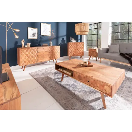 Meuble TV en bois massif d’acacia MYSTIC salon – 140 cm, finition naturelle avec surface 3D artisanale