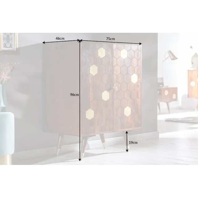Barschrank en bois massif d’acacia MYSTIC salon – 75 cm, finition brun-or, design rétro avec rangements intégrés