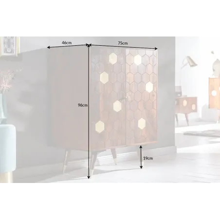Barschrank en bois massif d’acacia MYSTIC salon – 75 cm, finition brun-or, design rétro avec rangements intégrés