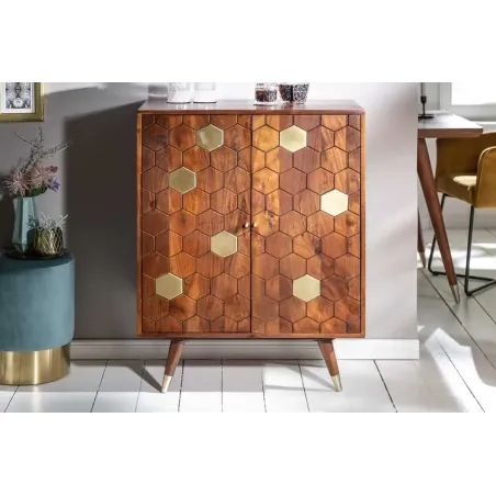 Barschrank en bois massif d’acacia MYSTIC salon – 75 cm, finition brun-or, design rétro avec rangements intégrés