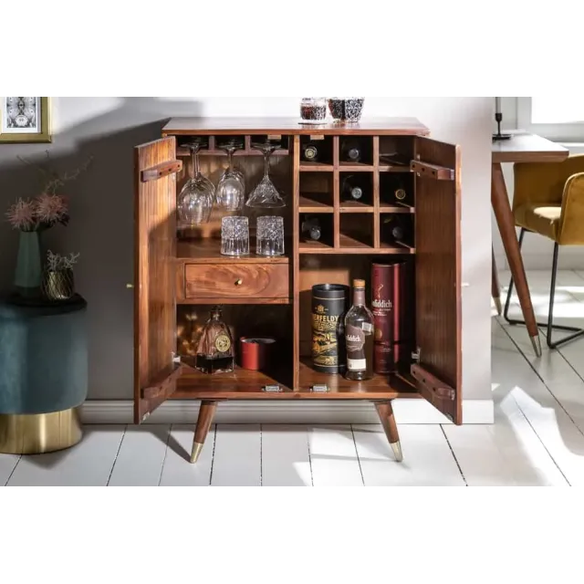 Barschrank en bois massif d’acacia MYSTIC salon – 75 cm, finition brun-or, design rétro avec rangements intégrés