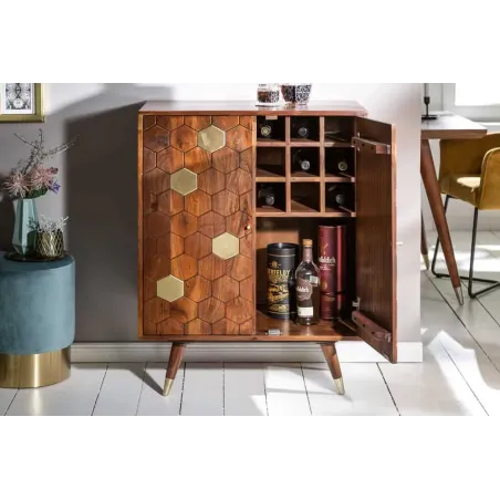 Barschrank en bois massif d’acacia MYSTIC salon – 75 cm, finition brun-or, design rétro avec rangements intégrés