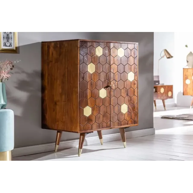 Barschrank en bois massif d’acacia MYSTIC salon – 75 cm, finition brun-or, design rétro avec rangements intégrés