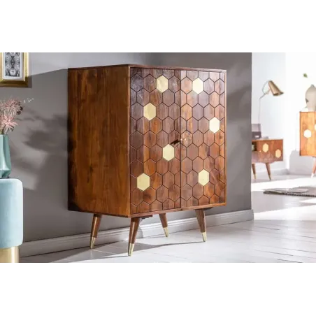 Barschrank en bois massif d’acacia MYSTIC salon – 75 cm, finition brun-or, design rétro avec rangements intégrés