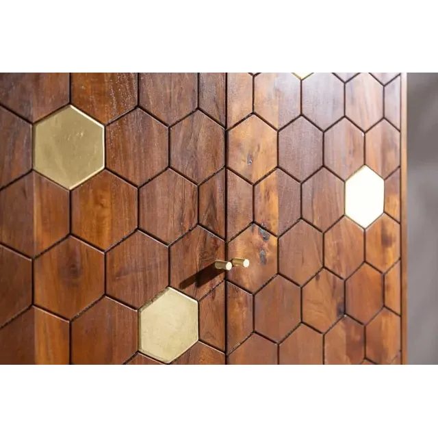 Barschrank en bois massif d’acacia MYSTIC salon – 75 cm, finition brun-or, design rétro avec rangements intégrés