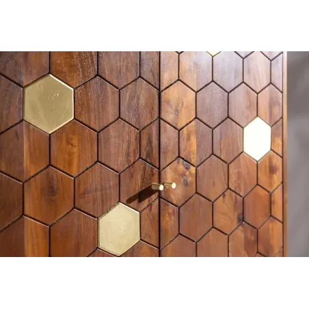 Barschrank en bois massif d’acacia MYSTIC salon – 75 cm, finition brun-or, design rétro avec rangements intégrés