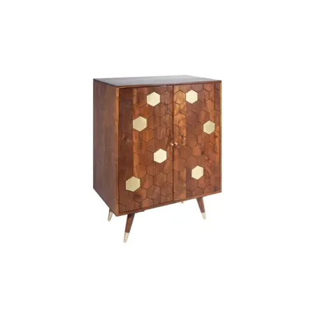 Barschrank en bois massif d’acacia MYSTIC salon – 75 cm, finition brun-or, design rétro avec rangements intégrés