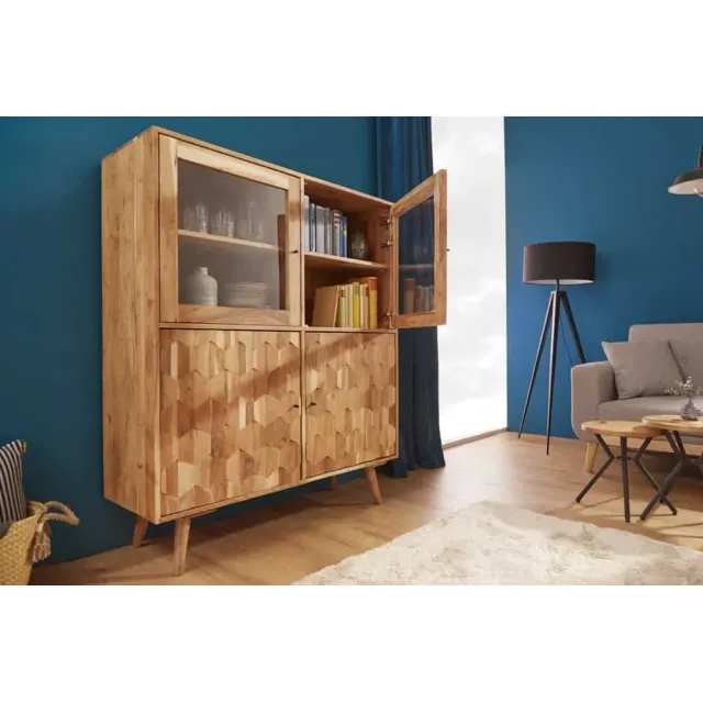 Highboard vitrine en bois massif d’acacia MYSTIC salon – 140 cm, finition naturelle avec surface 3D artisanale