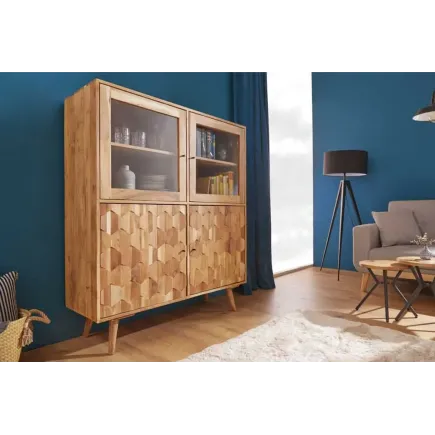 Highboard vitrine en bois massif d’acacia MYSTIC salon – 140 cm, finition naturelle avec surface 3D artisanale 2