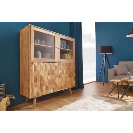 Highboard vitrine en bois massif d’acacia MYSTIC salon – 140 cm, finition naturelle avec surface 3D artisanale