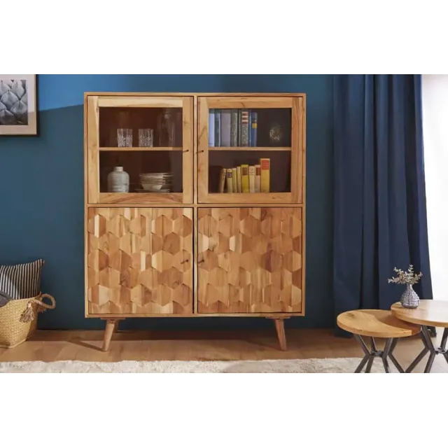 Highboard vitrine en bois massif d’acacia MYSTIC salon – 140 cm, finition naturelle avec surface 3D artisanale