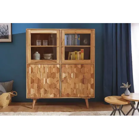 Highboard vitrine en bois massif d’acacia MYSTIC salon – 140 cm, finition naturelle avec surface 3D artisanale