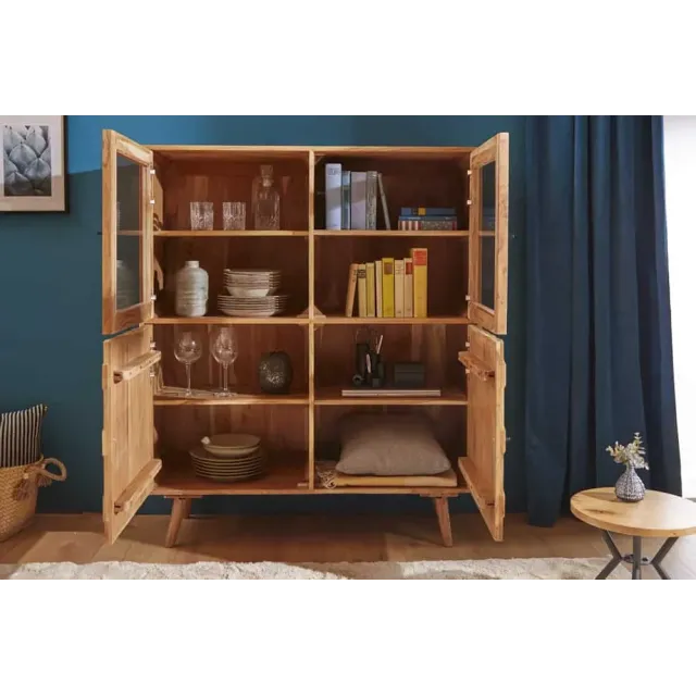 Highboard vitrine en bois massif d’acacia MYSTIC salon – 140 cm, finition naturelle avec surface 3D artisanale