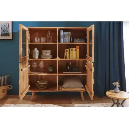 Highboard vitrine en bois massif d’acacia MYSTIC salon – 140 cm, finition naturelle avec surface 3D artisanale