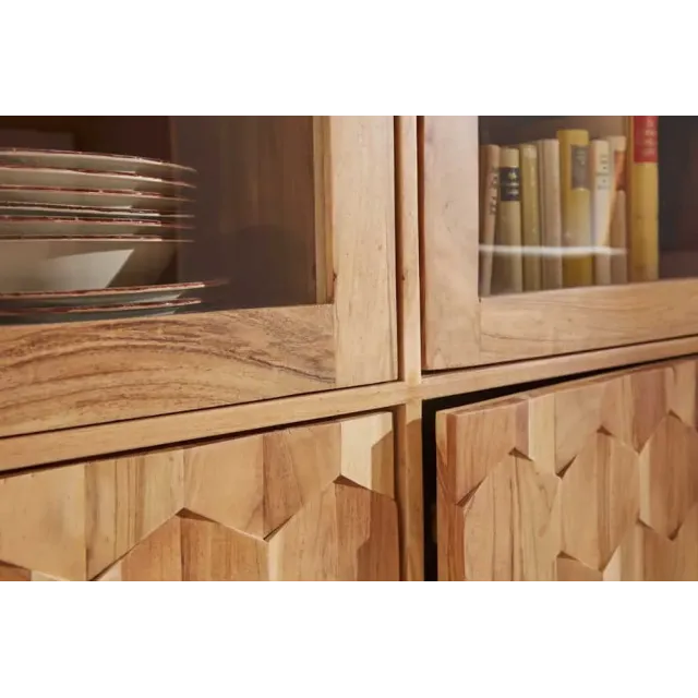 Highboard vitrine en bois massif d’acacia MYSTIC salon – 140 cm, finition naturelle avec surface 3D artisanale