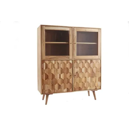 Highboard vitrine en bois massif d’acacia MYSTIC salon – 140 cm, finition naturelle avec surface 3D artisanale
