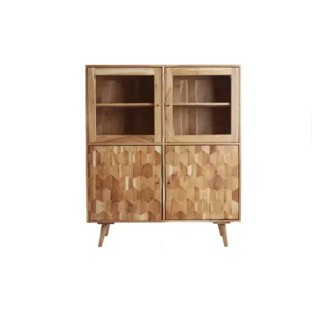 Highboard vitrine en bois massif d’acacia MYSTIC salon – 140 cm, finition naturelle avec surface 3D artisanale