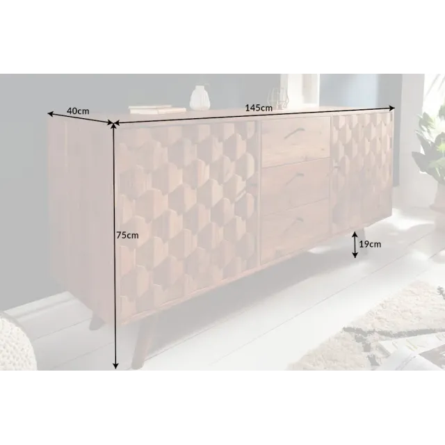 Sideboard en bois massif d’acacia MYSTIC salon – 145 cm, finition naturelle avec design 3D et rangements spacieux Sideboard en bois massif d’acacia MYSTIC salon – 145 cm, finition naturelle avec design 3D et rangements spacieux