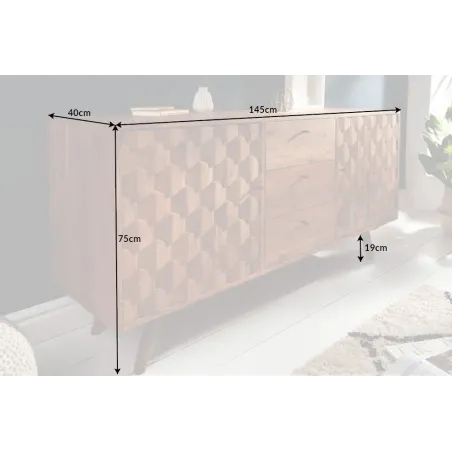 Sideboard en bois massif d’acacia MYSTIC salon – 145 cm, finition naturelle avec design 3D et rangements spacieux