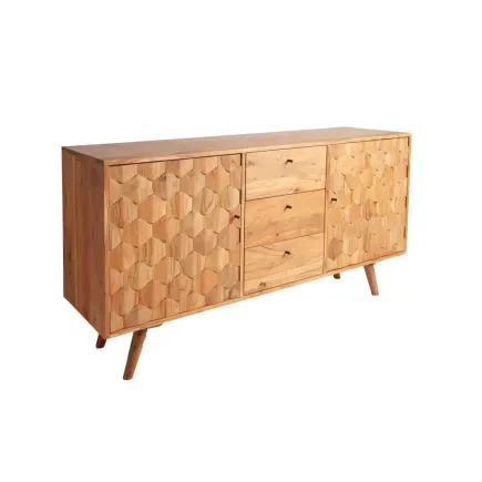 Sideboard en bois massif d’acacia MYSTIC salon – 145 cm, finition naturelle avec design 3D et rangements spacieux