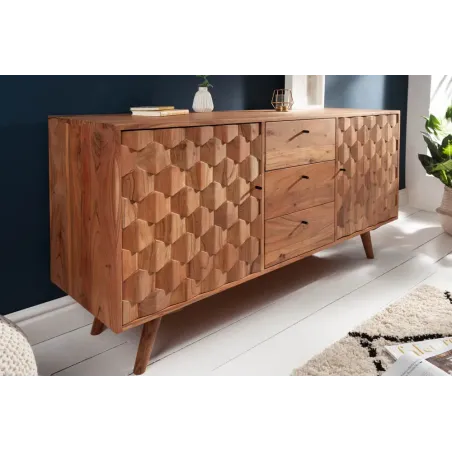 Sideboard en bois massif d’acacia MYSTIC salon – 145 cm, finition naturelle avec design 3D et rangements spacieux