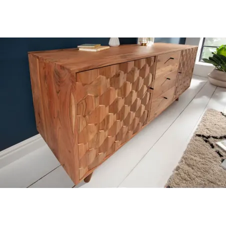 Sideboard en bois massif d’acacia MYSTIC salon – 145 cm, finition naturelle avec design 3D et rangements spacieux