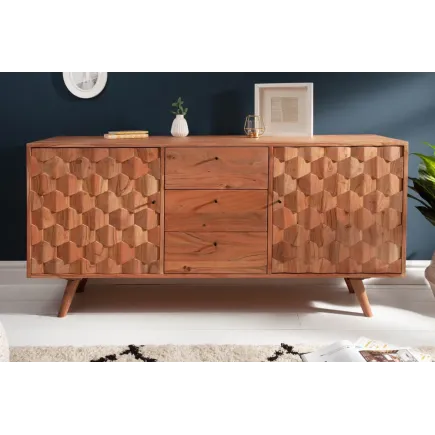 Sideboard en bois massif d’acacia MYSTIC salon – 145 cm, finition naturelle avec design 3D et rangements spacieux 2