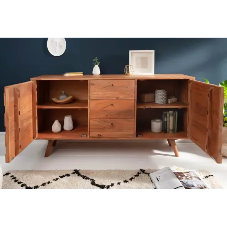 Sideboard en bois massif d’acacia MYSTIC salon – 145 cm, finition naturelle avec design 3D et rangements spacieux