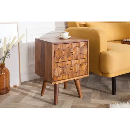 Table d’appoint / chevet en bois massif Sheesham MYSTIC LIVING – 60 cm, finition stone avec surface 3D artisanale