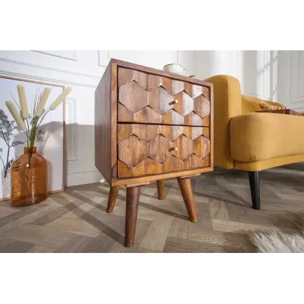 Table d’appoint / chevet en bois massif Sheesham MYSTIC LIVING – 60 cm, finition stone avec surface 3D artisanale 2
