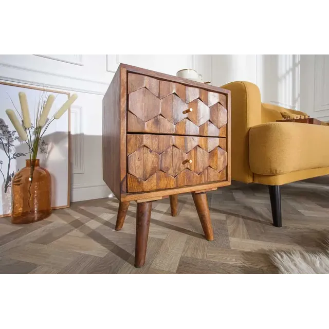 Table d’appoint / chevet en bois massif Sheesham MYSTIC LIVING – 60 cm, finition stone avec surface 3D artisanale Table d’appoint / chevet en bois massif Sheesham MYSTIC LIVING – 60 cm, finition stone avec surface 3D artisanale