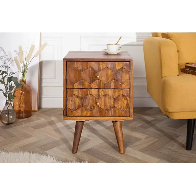 Table d’appoint / chevet en bois massif Sheesham MYSTIC LIVING – 60 cm, finition stone avec surface 3D artisanale Table d’appoint / chevet en bois massif Sheesham MYSTIC LIVING – 60 cm, finition stone avec surface 3D artisanale