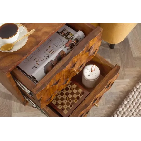 Table d’appoint / chevet en bois massif Sheesham MYSTIC LIVING – 60 cm, finition stone avec surface 3D artisanale