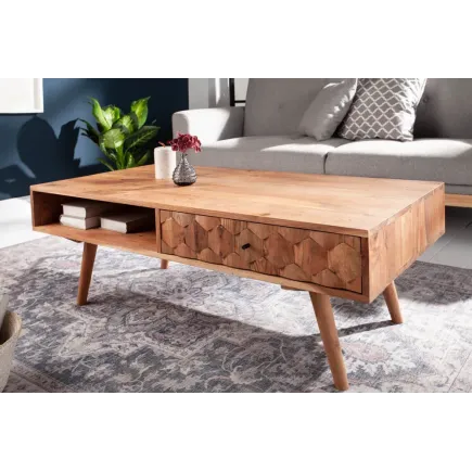 Table basse en bois massif MYSTIC salon 100 cm – Naturel Akazie avec rangement 2