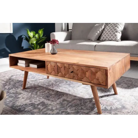 Table basse en bois massif MYSTIC salon 100 cm – Naturel Akazie avec rangement