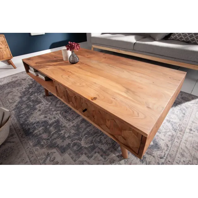 Table basse en bois massif MYSTIC salon 100 cm – Naturel Akazie avec rangement