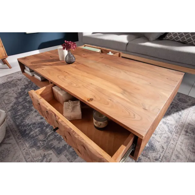 Table basse en bois massif MYSTIC salon 100 cm – Naturel Akazie avec rangement