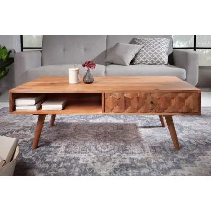 Table basse en bois massif MYSTIC salon 100 cm – Naturel Akazie avec rangement