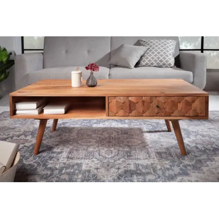 Table basse en bois massif MYSTIC salon 100 cm – Naturel Akazie avec rangement