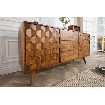Buffet MYSTIC LIVING 145 cm en bois massif Sheesham – Finition stone avec rangement