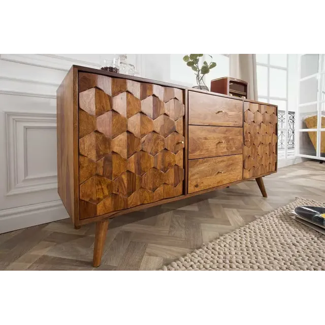 Buffet MYSTIC LIVING 145 cm en bois massif Sheesham – Finition stone avec rangement